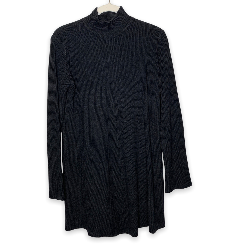 VINTAGE 90s DKNY women's black turtleneck ribbed sweater dress 100% wool SZ M